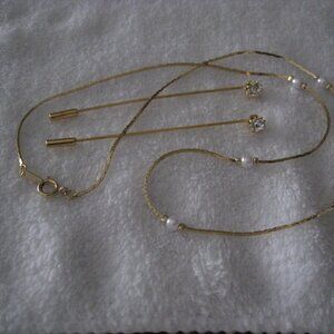 Gold Tone Faux Pearl Necklace & 2 Gold Tone Faux Diamond Stick Pins